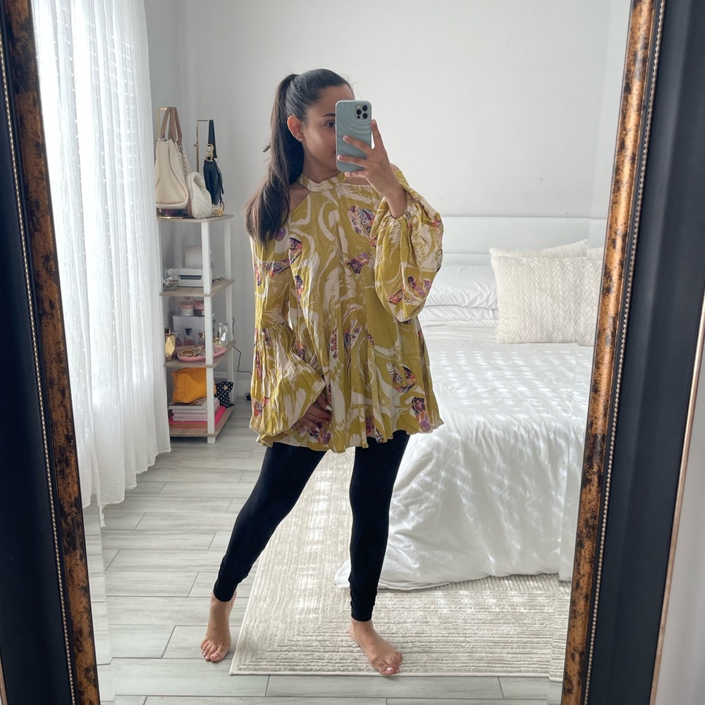 Free People Floral Cold Shoulder Halter Tunic Top Yellow Size M